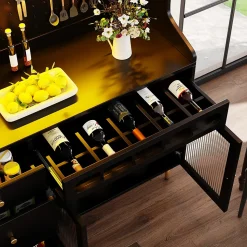 Buffet Haut - Armoire de Rangement avec LED et Étagères Réglables - avec Tiroirs et Porte-Bouteilles - en MDF - Noir