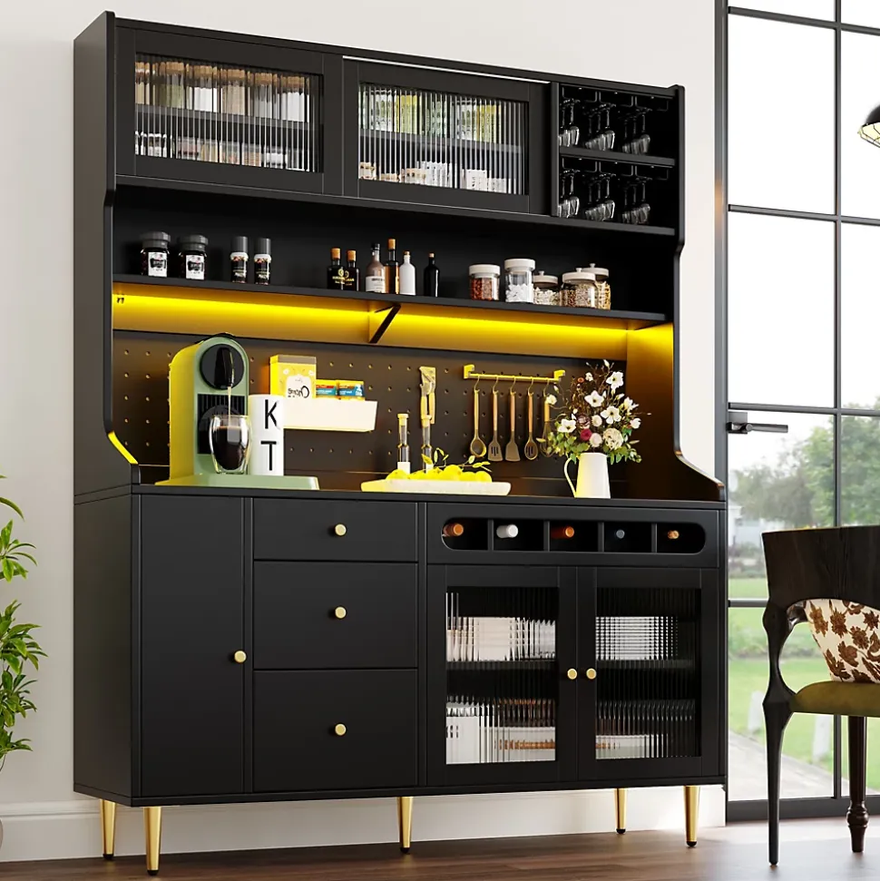 Buffet Haut - Armoire de Rangement avec LED et Étagères Réglables - avec Tiroirs et Porte-Bouteilles - en MDF - Noir