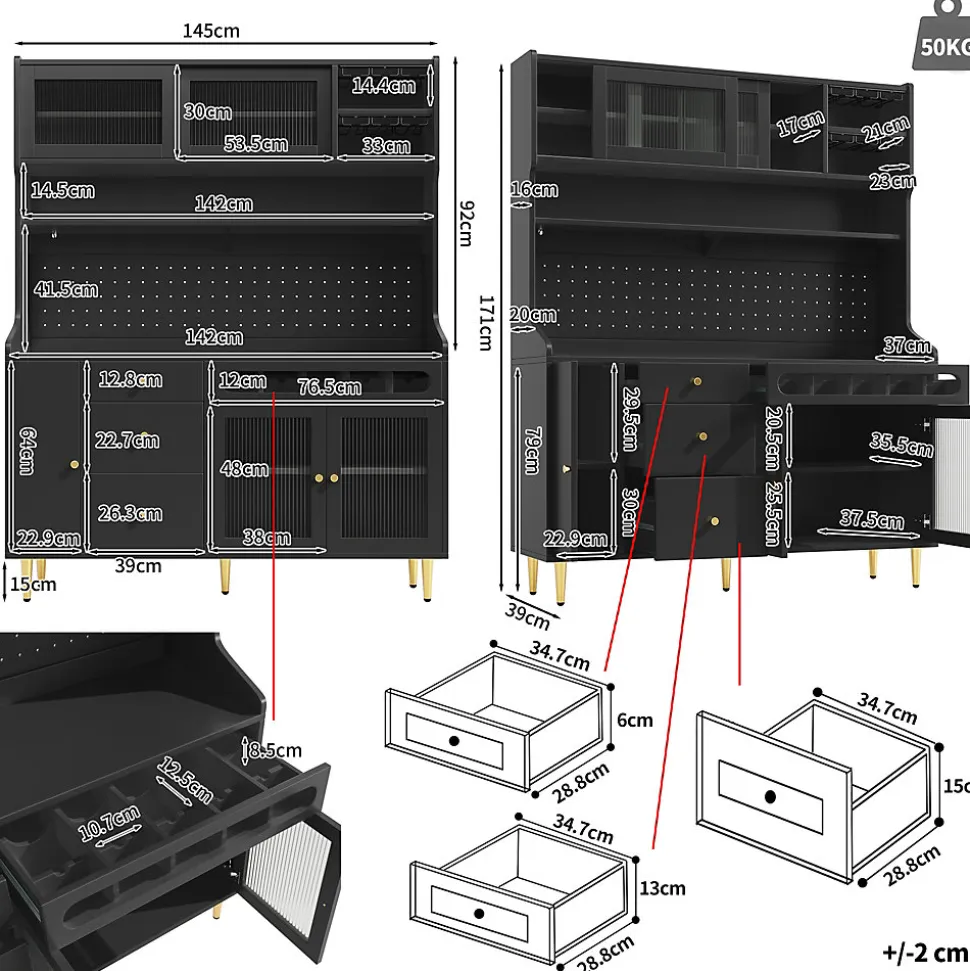 Buffet Haut - Armoire de Rangement avec LED et Étagères Réglables - avec Tiroirs et Porte-Bouteilles - en MDF - Noir