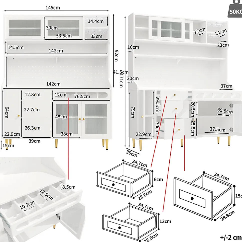 Buffet Haut - Armoire de Rangement avec LED et Étagères Réglables - avec Tiroirs et Porte-Bouteilles - en MDF - Blanc