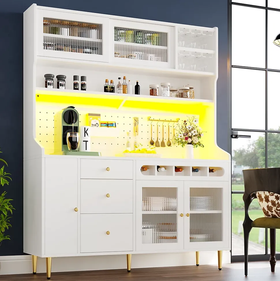 Buffet Haut - Armoire de Rangement avec LED et Étagères Réglables - avec Tiroirs et Porte-Bouteilles - en MDF - Blanc