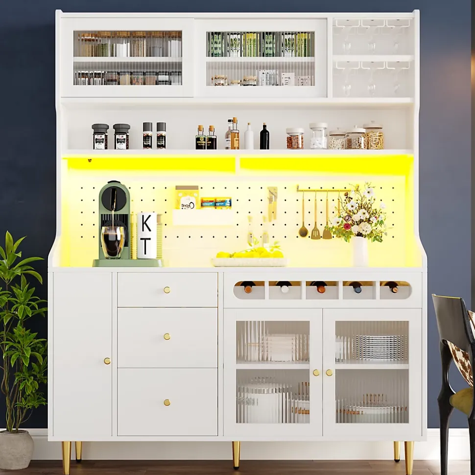 Buffet Haut - Armoire de Rangement avec LED et Étagères Réglables - avec Tiroirs et Porte-Bouteilles - en MDF - Blanc