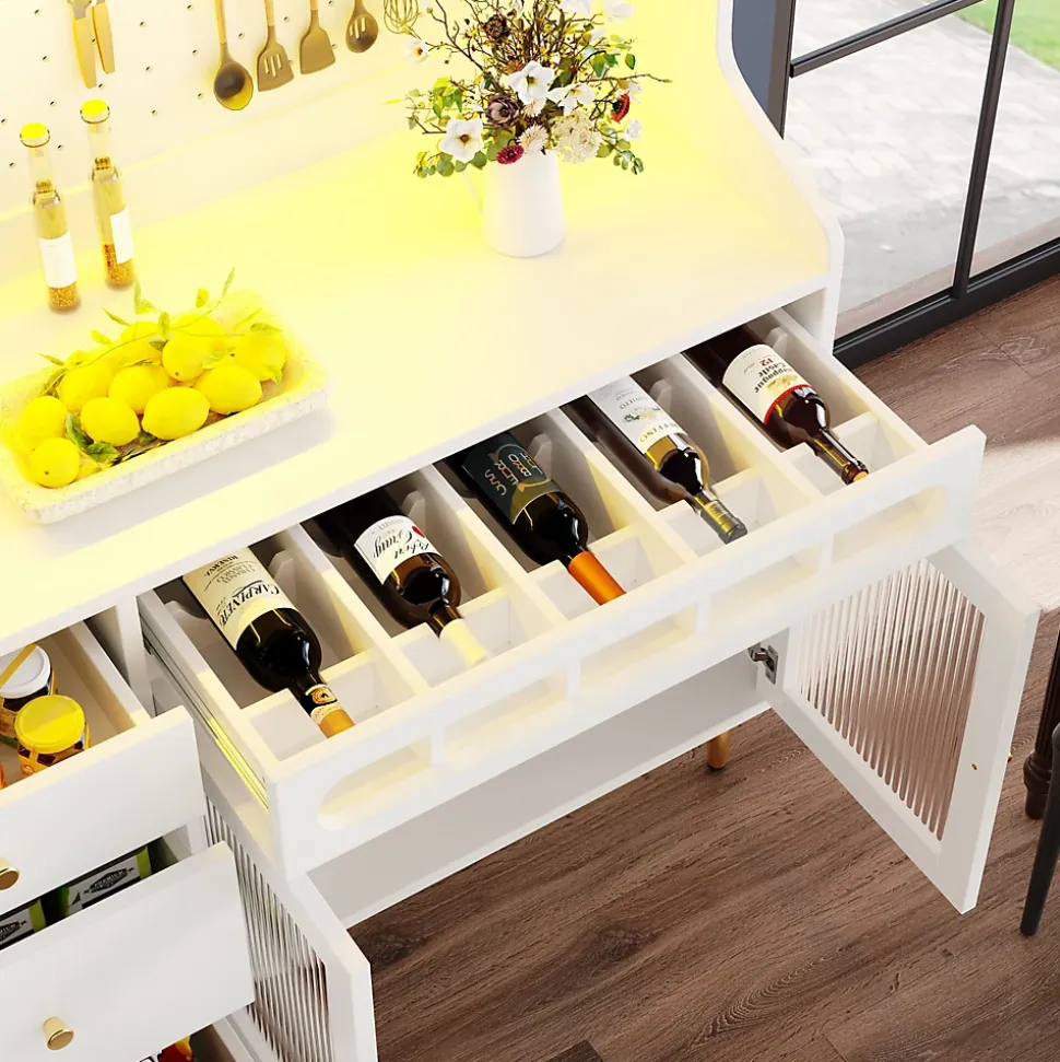Buffet Haut - Armoire de Rangement avec LED et Étagères Réglables - avec Tiroirs et Porte-Bouteilles - en MDF - Blanc