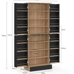Buffet haut armoire de cuisine H.160 cm ALTO 4 portes avec rangements façon hêtre et noir