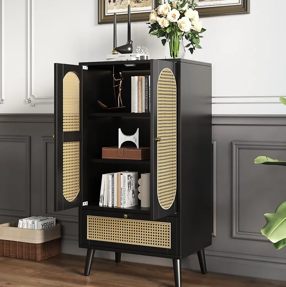 Buffet Haut avec 2 Portes en Rotin et 1 Tiroir - Structure MDF - 60 x 40 x 110,5 cm - Noir