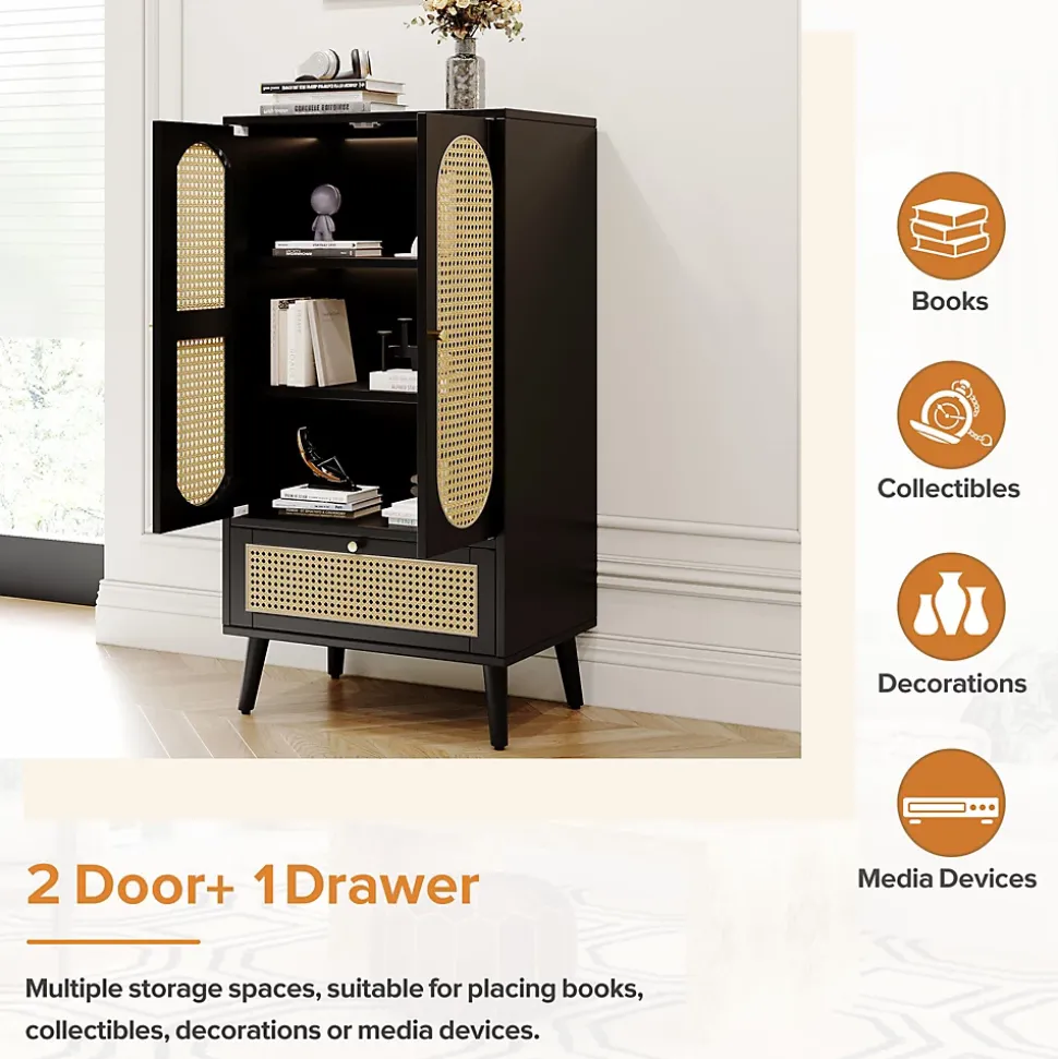 Buffet Haut avec 2 Portes en Rotin et 1 Tiroir - Structure MDF - 60 x 40 x 110,5 cm - Noir