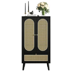 Buffet Haut avec 2 Portes en Rotin et 1 Tiroir - Structure MDF - 60 x 40 x 110,5 cm - Noir
