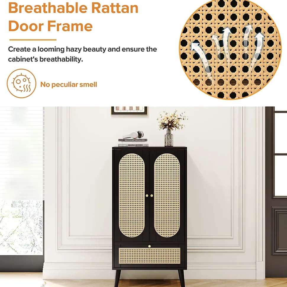 Buffet Haut avec 2 Portes en Rotin et 1 Tiroir - Structure MDF - 60 x 40 x 110,5 cm - Noir