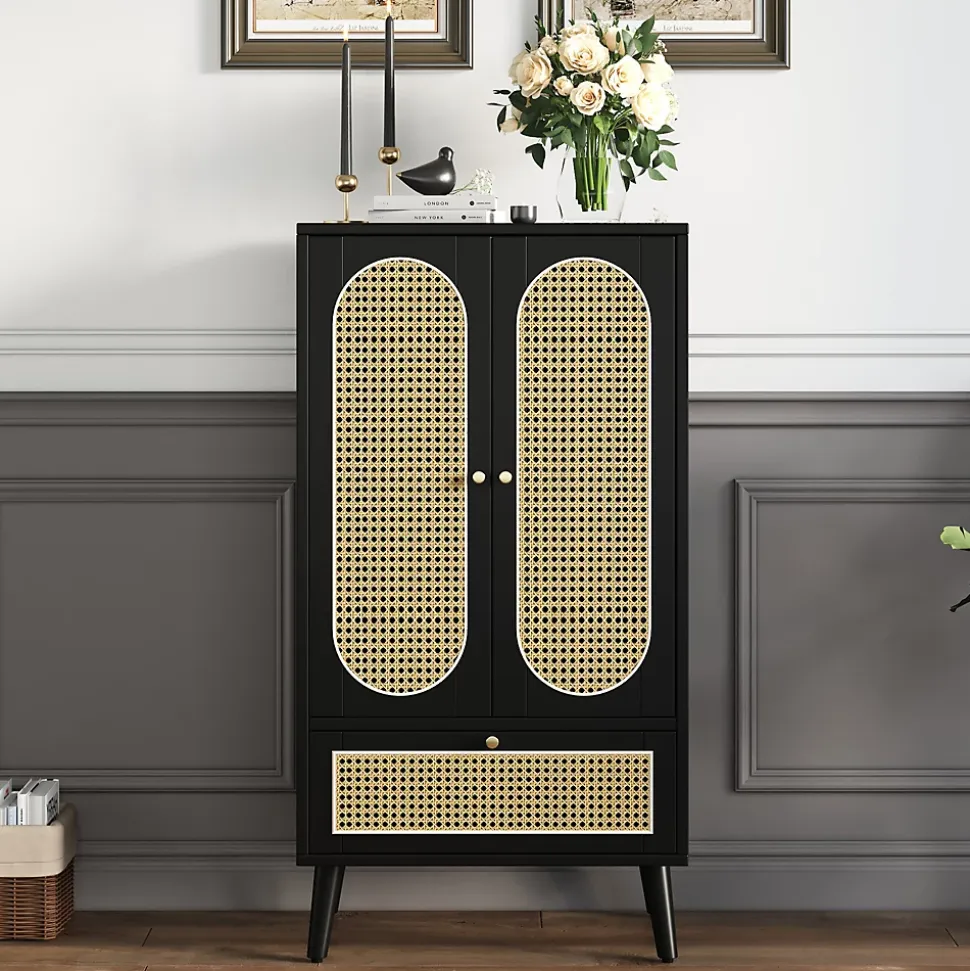 Buffet Haut avec 2 Portes en Rotin et 1 Tiroir - Structure MDF - 60 x 40 x 110,5 cm - Noir