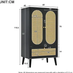 Buffet Haut avec 2 Portes en Rotin et 1 Tiroir - Structure MDF - 60 x 40 x 110,5 cm - Noir