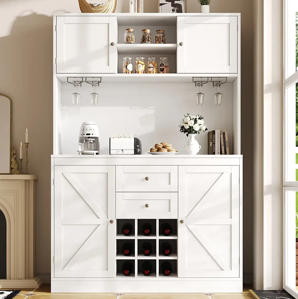 Buffet Haut avec 4 Portes et 2 Tiroirs, Range-Bouteilles et Étagères Réglables, MDF - Blanc - 106x40x179,5 cm