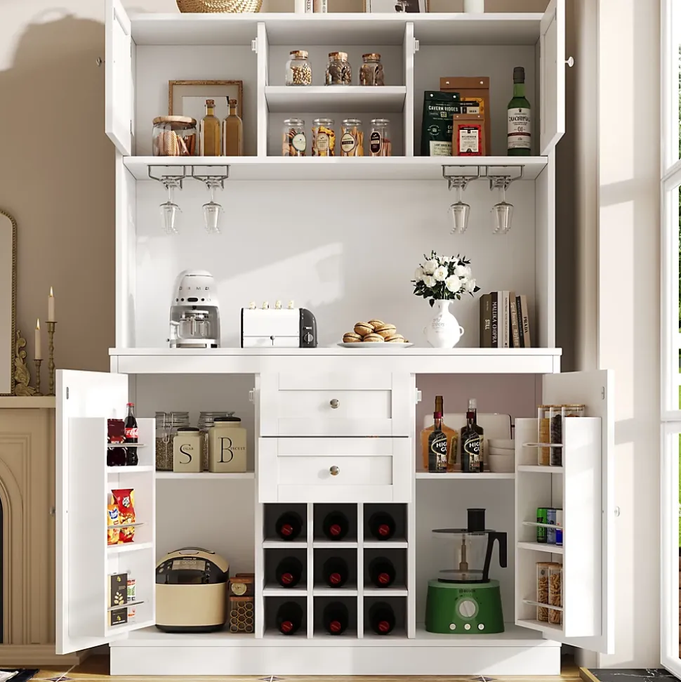 Buffet Haut avec 4 Portes et 2 Tiroirs, Range-Bouteilles et Étagères Réglables, MDF - Blanc - 106x40x179,5 cm