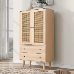 Buffet Haut avec 2 Portes en Rotin et 2 Tiroirs - 4 Compartiments Fixes - MDF - 60 x 40 x 120 cm - Naturel