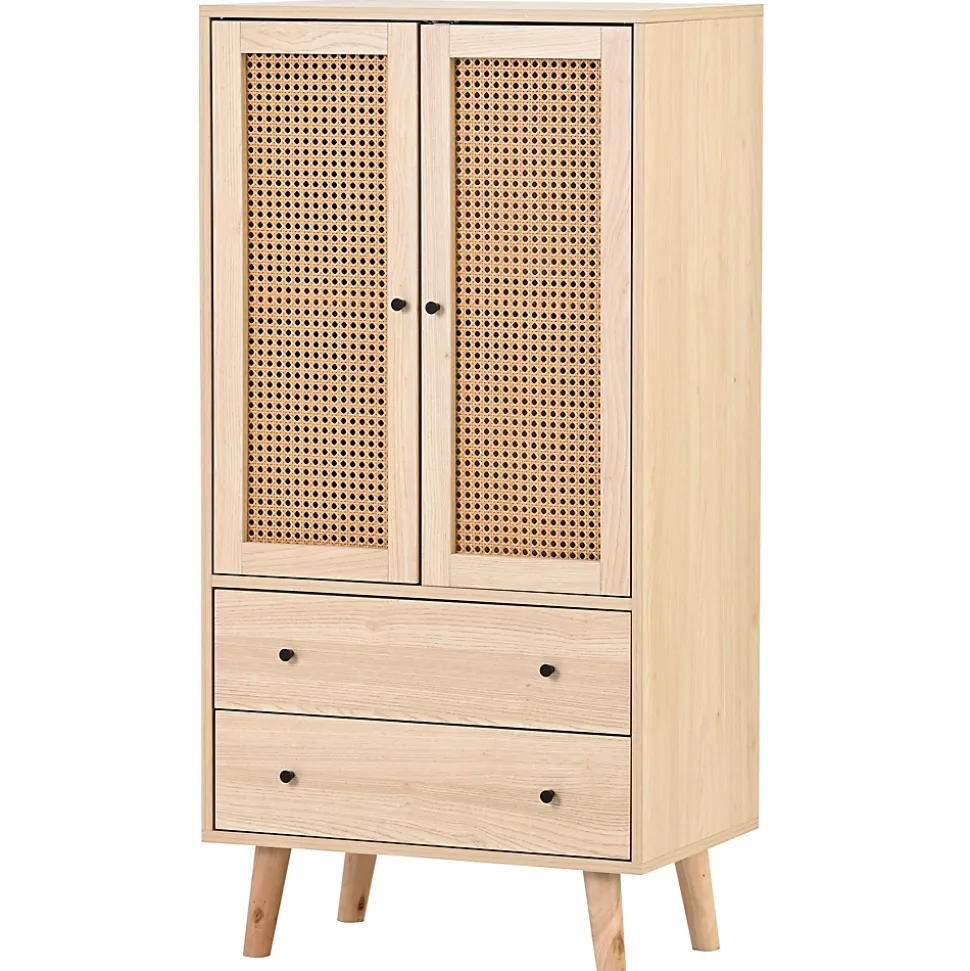 Buffet Haut avec 2 Portes en Rotin et 2 Tiroirs - 4 Compartiments Fixes - MDF - 60 x 40 x 120 cm - Naturel