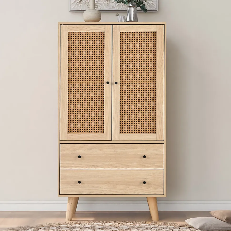 Buffet Haut avec 2 Portes en Rotin et 2 Tiroirs - 4 Compartiments Fixes - MDF - 60 x 40 x 120 cm - Naturel