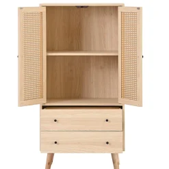 Buffet Haut avec 2 Portes en Rotin et 2 Tiroirs - 4 Compartiments Fixes - MDF - 60 x 40 x 120 cm - Naturel