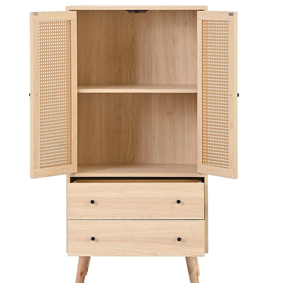 Buffet Haut avec 2 Portes en Rotin et 2 Tiroirs - 4 Compartiments Fixes - MDF - 60 x 40 x 120 cm - Naturel