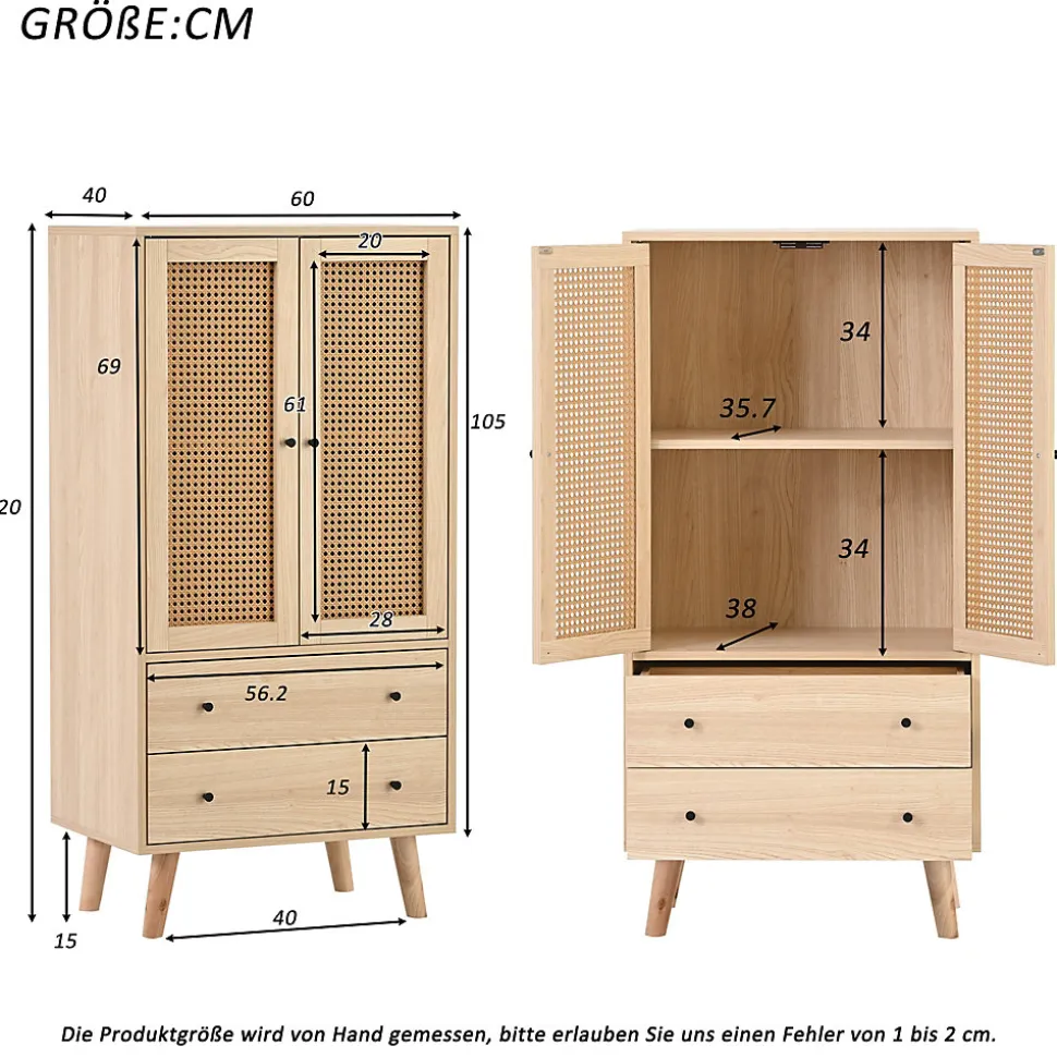 Buffet Haut avec 2 Portes en Rotin et 2 Tiroirs - 4 Compartiments Fixes - MDF - 60 x 40 x 120 cm - Naturel