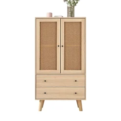 Buffet Haut avec 2 Portes en Rotin et 2 Tiroirs - 4 Compartiments Fixes - MDF - 60 x 40 x 120 cm - Naturel