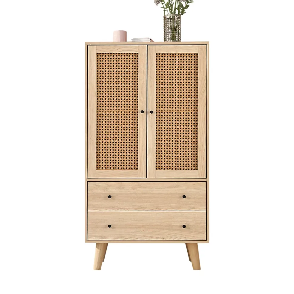 Buffet Haut avec 2 Portes en Rotin et 2 Tiroirs - 4 Compartiments Fixes - MDF - 60 x 40 x 120 cm - Naturel