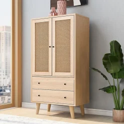 Buffet Haut avec 2 Portes en Rotin et 2 Tiroirs - 4 Compartiments Fixes - MDF - 60 x 40 x 120 cm - Naturel
