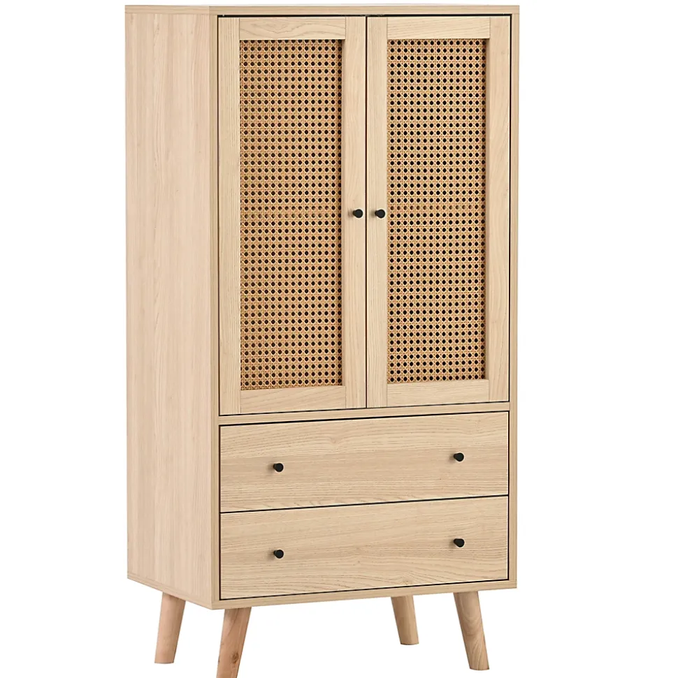 Buffet Haut avec 2 Portes en Rotin et 2 Tiroirs - 4 Compartiments Fixes - MDF - 60 x 40 x 120 cm - Naturel