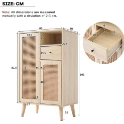 Buffet Haut avec 2 Portes en Rotin, 1 Tiroir et Niche ouverte - Structure MDF - 60 x 40 x 101 cm - Naturel