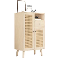 Buffet Haut avec 2 Portes en Rotin, 1 Tiroir et Niche ouverte - Structure MDF - 60 x 40 x 101 cm - Naturel