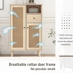Buffet Haut avec 2 Portes en Rotin, 1 Tiroir et Niche ouverte - Structure MDF - 60 x 40 x 101 cm - Naturel