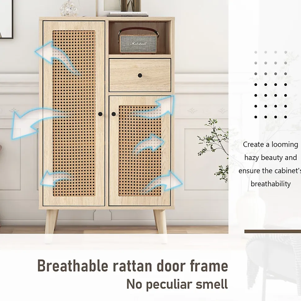 Buffet Haut avec 2 Portes en Rotin, 1 Tiroir et Niche ouverte - Structure MDF - 60 x 40 x 101 cm - Naturel