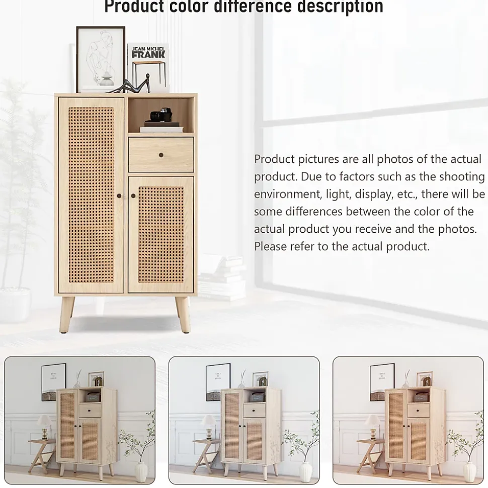 Buffet Haut avec 2 Portes en Rotin, 1 Tiroir et Niche ouverte - Structure MDF - 60 x 40 x 101 cm - Naturel