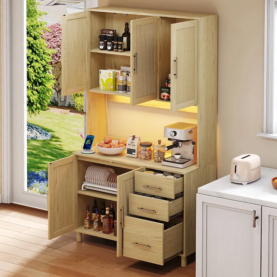 Buffet Haut avec Éclairage LED Bluetooth, 2 Ports USB, 2 Prises, Étagères ouvertes et 3 Tiroirs - Naturel