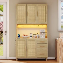 Buffet Haut avec Éclairage LED Bluetooth, 2 Ports USB, 2 Prises, Étagères ouvertes et 3 Tiroirs - Naturel