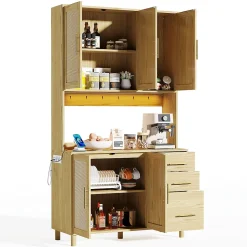 Buffet Haut avec Éclairage LED Bluetooth, 2 Ports USB, 2 Prises, Étagères ouvertes et 3 Tiroirs - Naturel