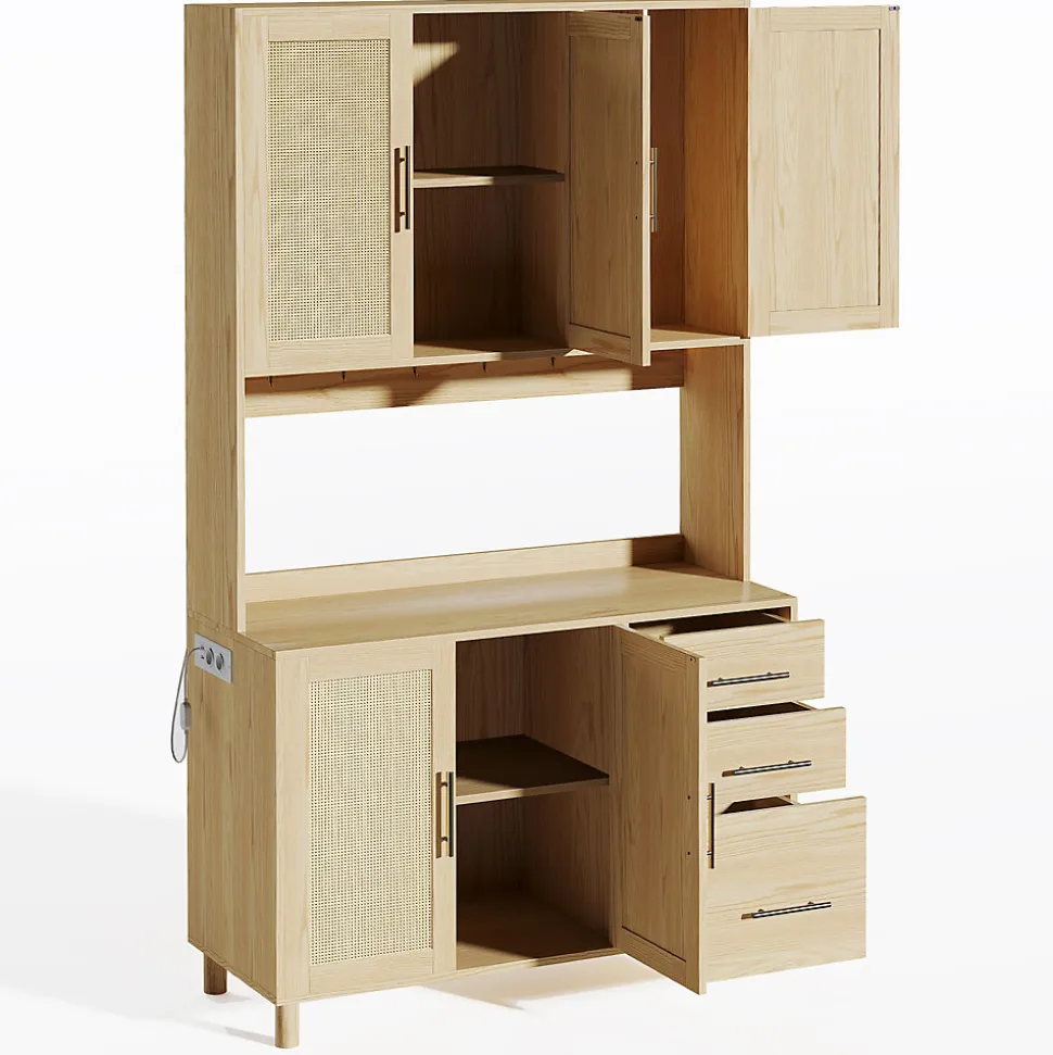 Buffet Haut avec Éclairage LED Bluetooth, 2 Ports USB, 2 Prises, Étagères ouvertes et 3 Tiroirs - Naturel
