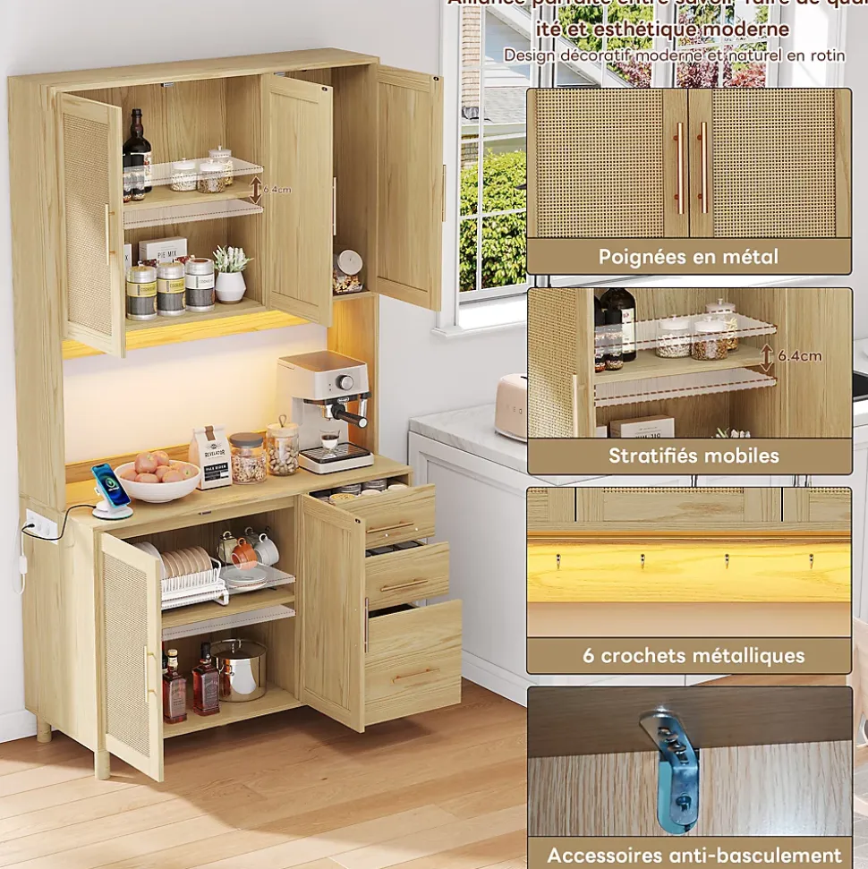 Buffet Haut avec Éclairage LED Bluetooth, 2 Ports USB, 2 Prises, Étagères ouvertes et 3 Tiroirs - Naturel