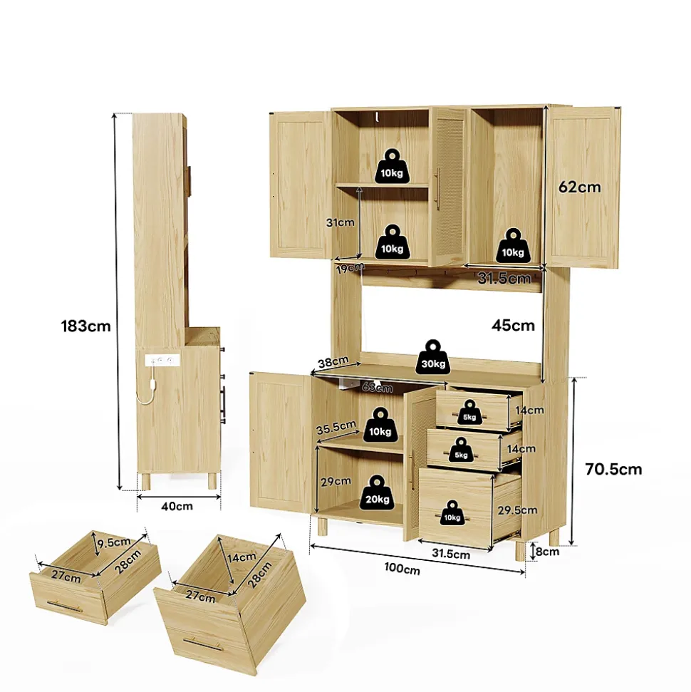 Buffet Haut avec Éclairage LED Bluetooth, 2 Ports USB, 2 Prises, Étagères ouvertes et 3 Tiroirs - Naturel
