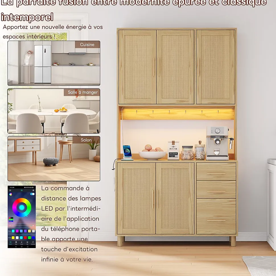 Buffet Haut avec Éclairage LED Bluetooth, 2 Ports USB, 2 Prises, Étagères ouvertes et 3 Tiroirs - Naturel