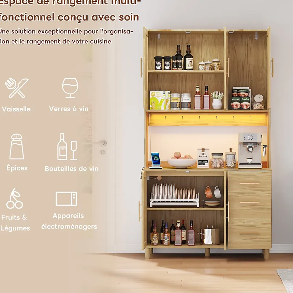 Buffet Haut avec Éclairage LED Bluetooth, 2 Ports USB, 2 Prises, Étagères ouvertes et 3 Tiroirs - Naturel