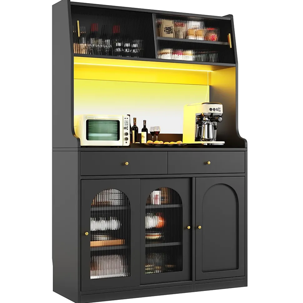 Buffet Haut avec Éclairage LED - Vitrine avec 2 Tiroirs et Étagères Réglables, Meuble de Rangement, MDF - Noir, 120x40x180 cm