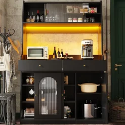 Buffet Haut avec Éclairage LED - Vitrine avec 2 Tiroirs et Étagères Réglables, Meuble de Rangement, MDF - Noir, 120x40x180 cm