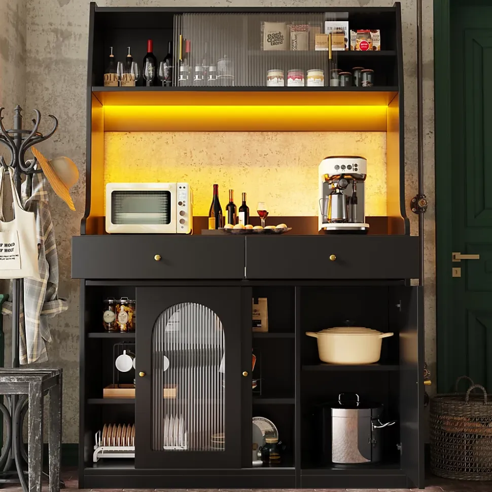 Buffet Haut avec Éclairage LED - Vitrine avec 2 Tiroirs et Étagères Réglables, Meuble de Rangement, MDF - Noir, 120x40x180 cm