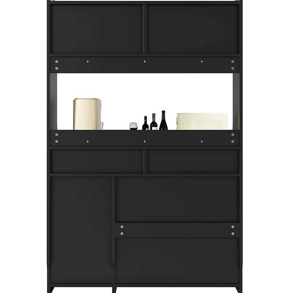 Buffet Haut avec Éclairage LED - Vitrine avec 2 Tiroirs et Étagères Réglables, Meuble de Rangement, MDF - Noir, 120x40x180 cm