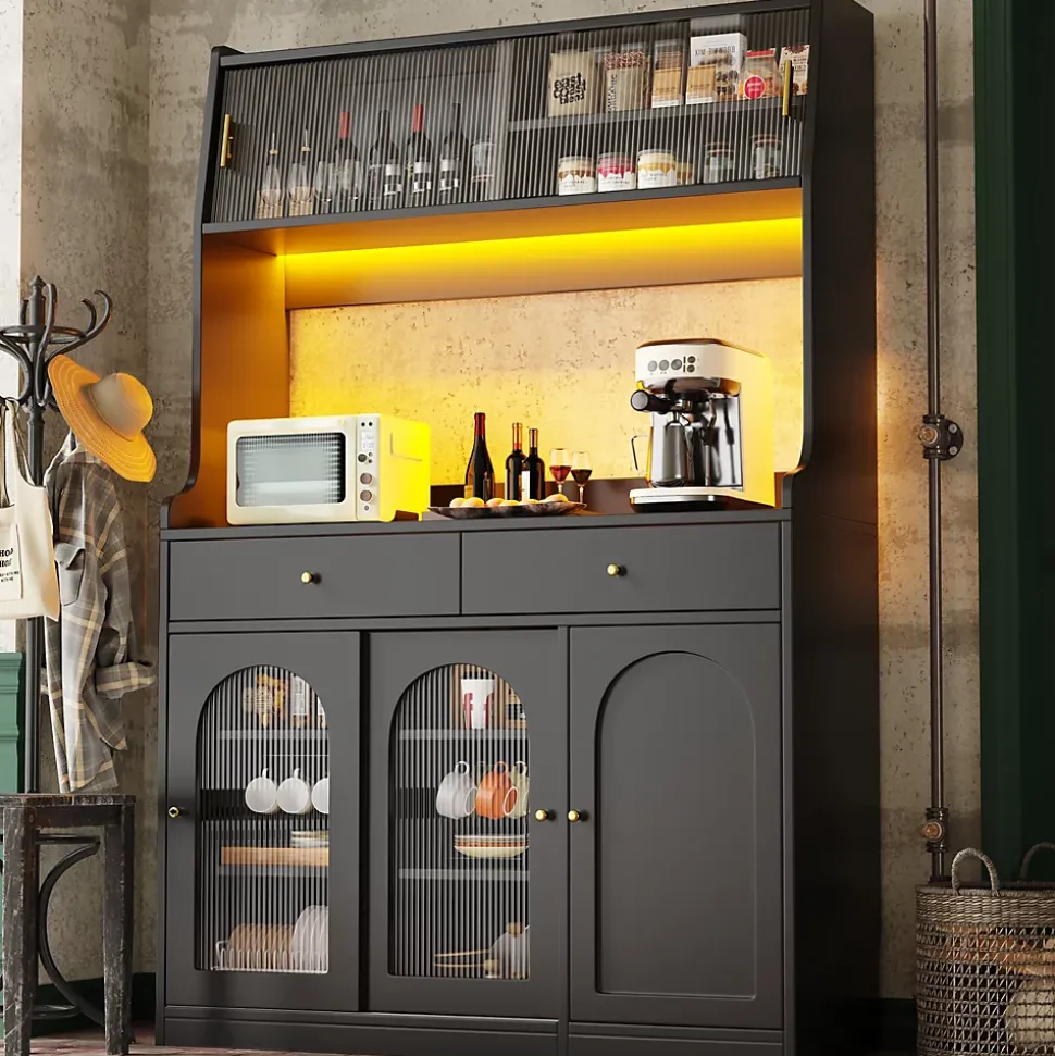 Buffet Haut avec Éclairage LED - Vitrine avec 2 Tiroirs et Étagères Réglables, Meuble de Rangement, MDF - Noir, 120x40x180 cm