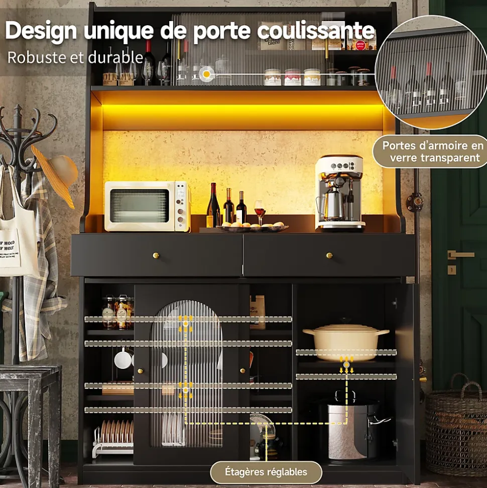 Buffet Haut avec Éclairage LED - Vitrine avec 2 Tiroirs et Étagères Réglables, Meuble de Rangement, MDF - Noir, 120x40x180 cm