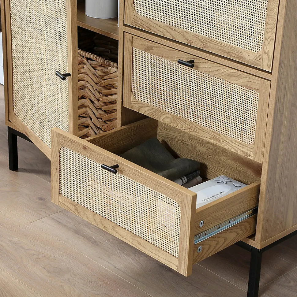 Buffet Haut avec Façades en Rotin Naturel - L100 x H120 cm - JAYA