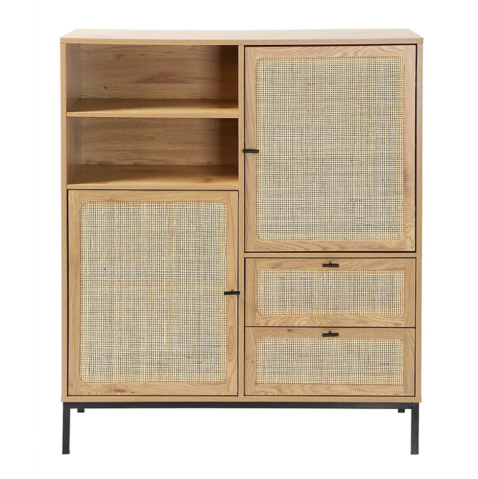 Buffet Haut avec Façades en Rotin Naturel - L100 x H120 cm - JAYA