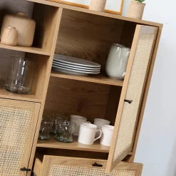 Buffet Haut avec Façades en Rotin Naturel - L100 x H120 cm - JAYA