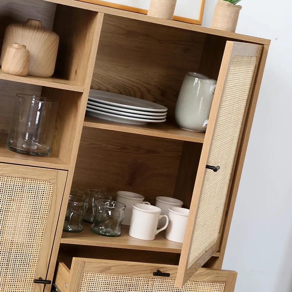 Buffet Haut avec Façades en Rotin Naturel - L100 x H120 cm - JAYA