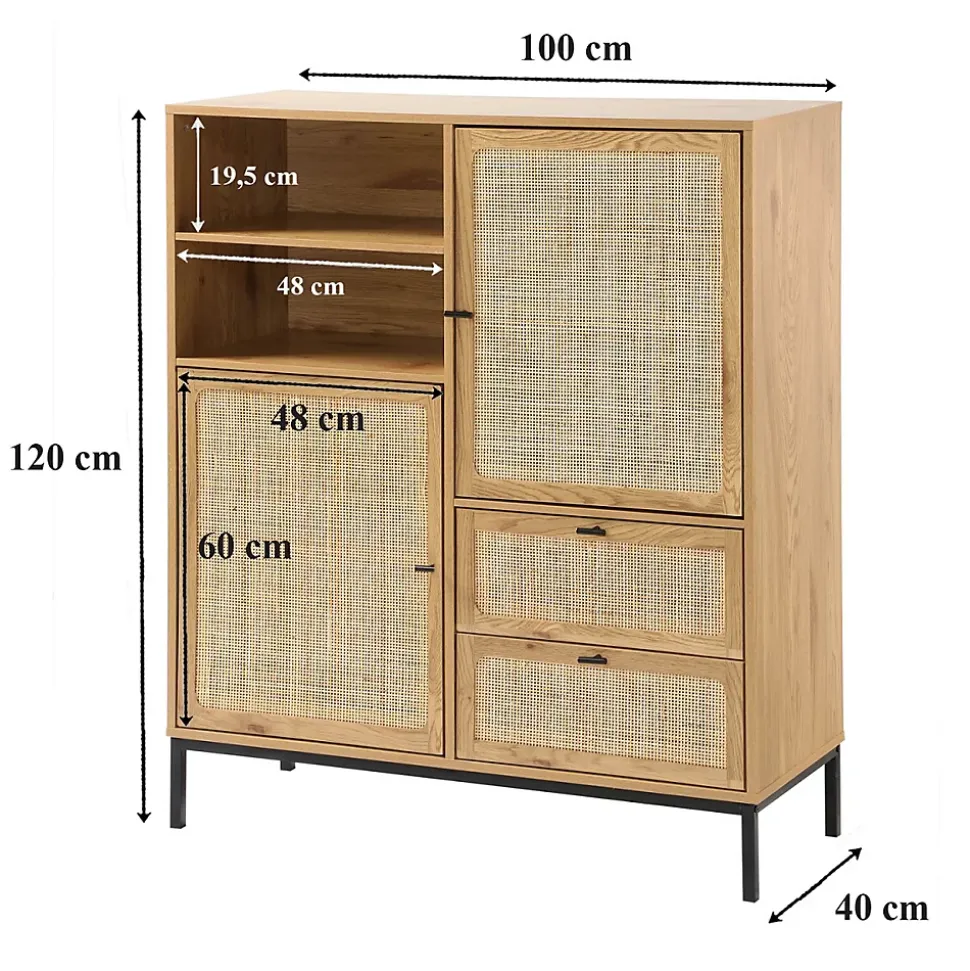 Buffet Haut avec Façades en Rotin Naturel - L100 x H120 cm - JAYA